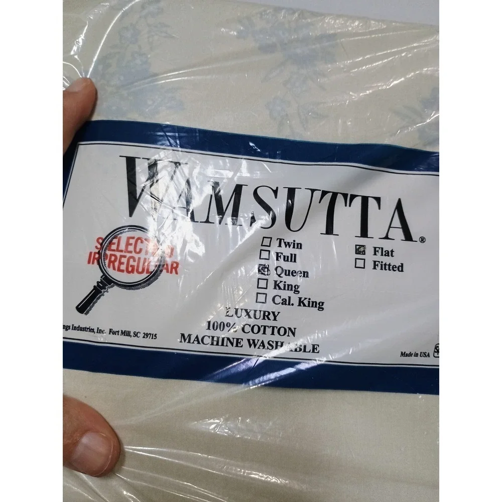 Vtg Wamsutta Cream Blue Floral Flat Sheet Cotton Queen Size
